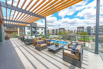Outdoor deck with fireplace seating